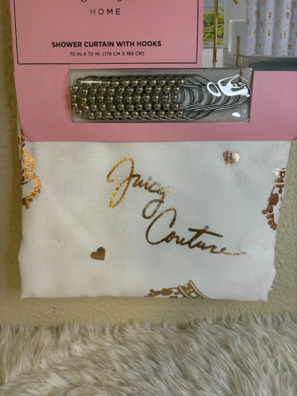 Juicy Couture Crown Heart Shower Curtain Rose Gold Hooks 70x72 NWT